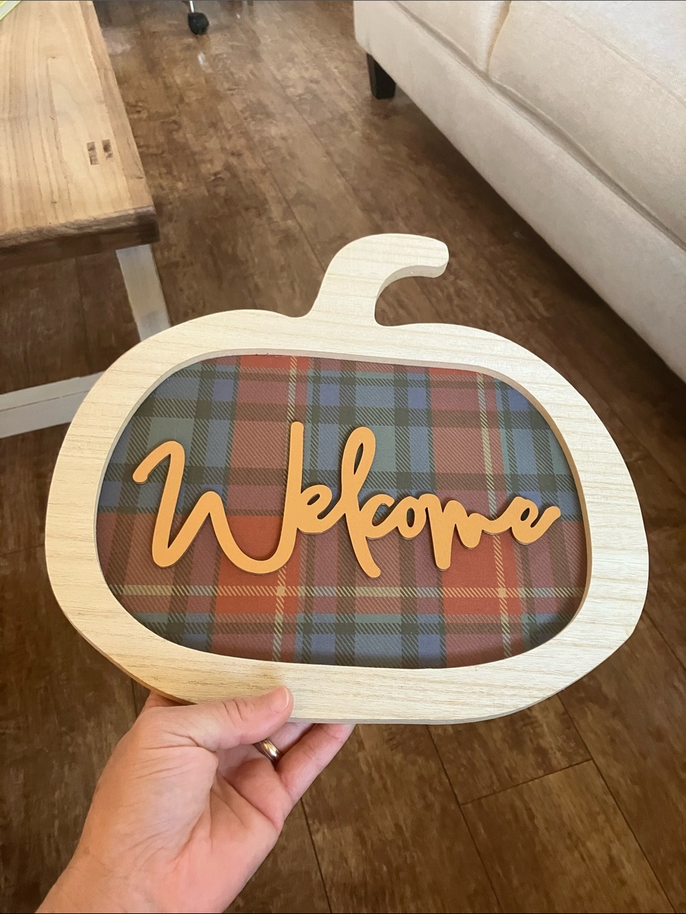 Wood Wall Welcome Pumpkin Plaque - Orange Plaid Home Art Accent